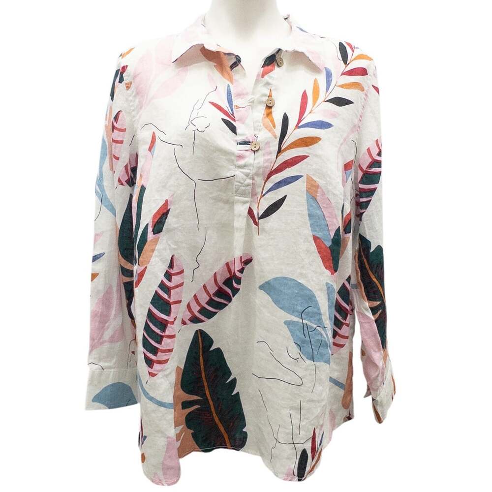 Cynthia Rowley Floral Flowy Tunic Top 100% Linen Women's 1X Roll Tab Long Sleeve